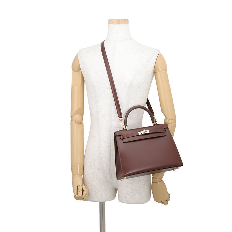 エルメス ハンドバッグ ケリー25 外縫い モカ/シャンパンゴールド金具 ボックスカーフ G刻印 HERMES Kelly 2wayバッグ