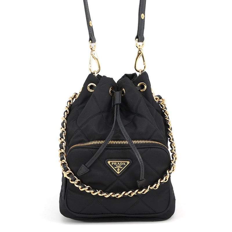 プラダ ハンドバッグ デュエット 巾着 トライアングルロゴ ナイロン レザー1BH038 PRADA 2wayショルダーバッグ 黒