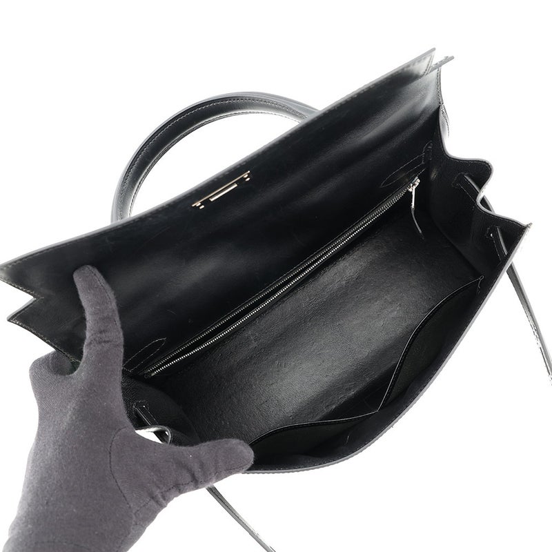 エルメス ハンドバッグ ケリー32 外縫い ブラック/シルバー金具 ボックスカーフ □F刻印 ２wayショルダー 黒