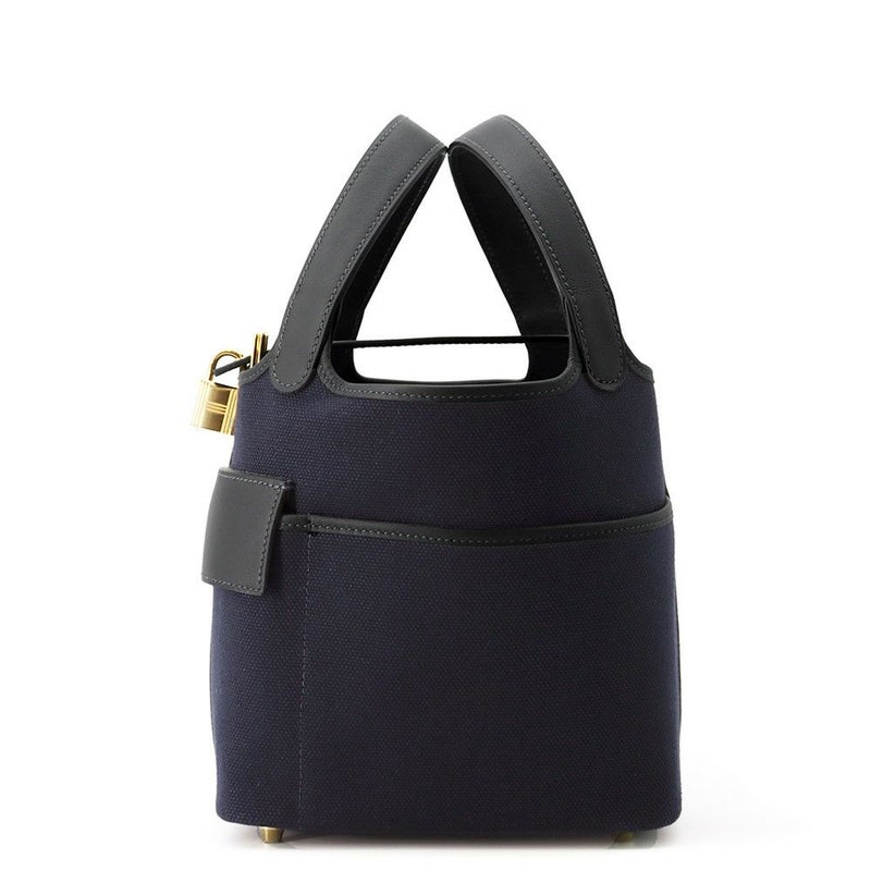 エルメス ハンドバッグ ピコタンロックPM カーゴ ブルーマリン/ブラック/ゴールド金具 トワルアッシュ/スイフト U刻印 黒