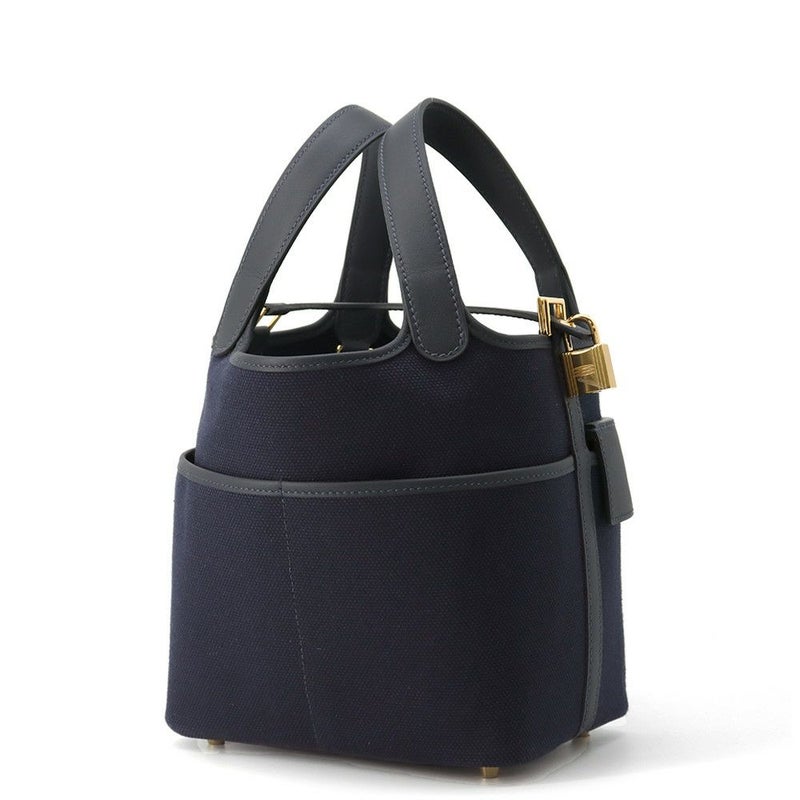 エルメス ハンドバッグ ピコタンロックPM カーゴ ブルーマリン/ブラック/ゴールド金具 トワルアッシュ/スイフト U刻印 黒