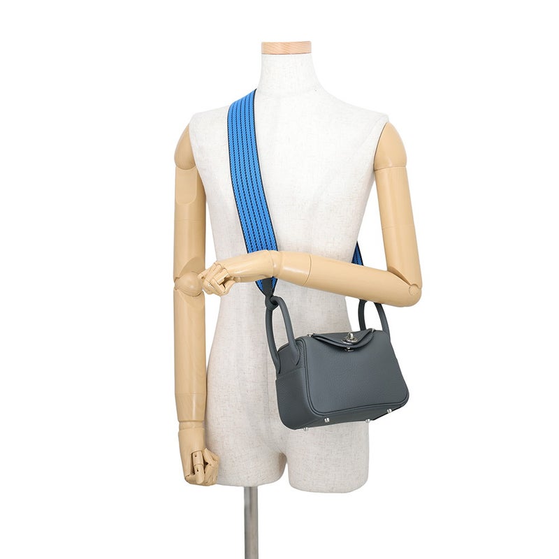 エルメス ハンドバッグ リンディ ミニ カーボン/キャバン/ブルーイドラ/シルバー金具 トリヨンクレマンス G刻印 HERMES 2way