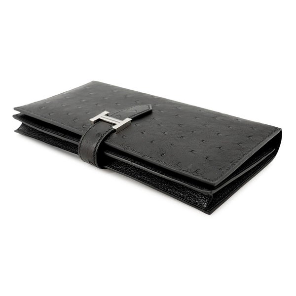 エルメス 長財布 ベアンスフレ マチ有り ブラック/シルバー金具 オーストリッチ B刻印 財布 黒