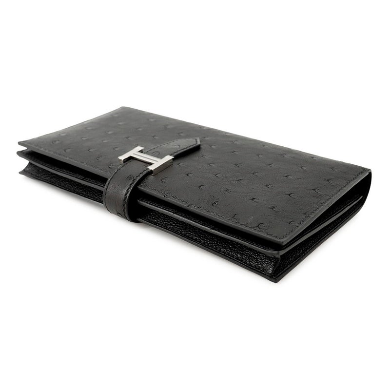 エルメス 長財布 ベアンスフレ マチ有り ブラック/シルバー金具 オーストリッチ B刻印 財布 黒
