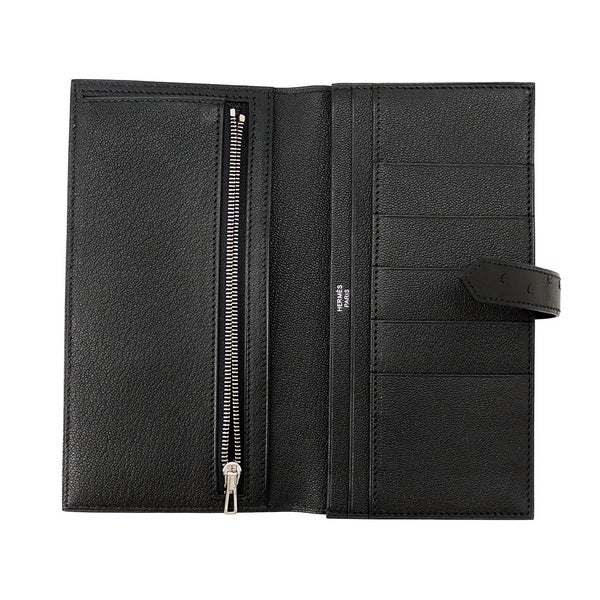 エルメス 長財布 ベアンスフレ マチ有り ブラック/シルバー金具 オーストリッチ B刻印 財布 黒