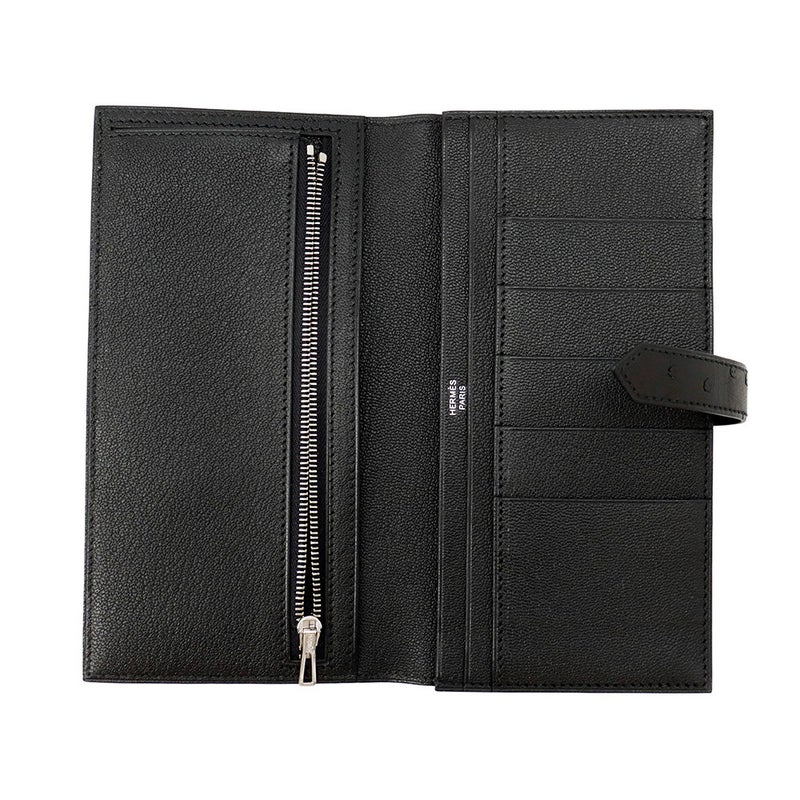 エルメス 長財布 ベアンスフレ マチ有り ブラック/シルバー金具 オーストリッチ B刻印 財布 黒