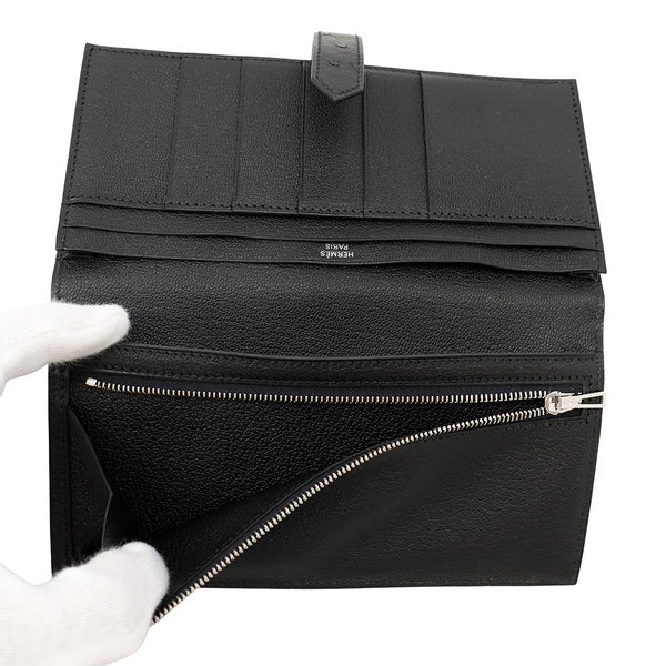 エルメス 長財布 ベアンスフレ マチ有り ブラック/シルバー金具 オーストリッチ B刻印 財布 黒