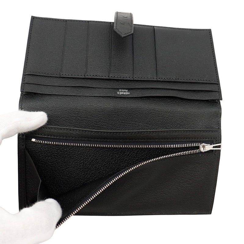 エルメス 長財布 ベアンスフレ マチ有り ブラック/シルバー金具 オーストリッチ B刻印 財布 黒