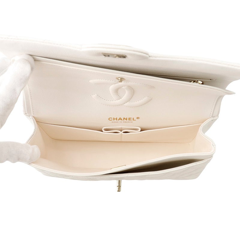 シャネル チェーンショルダーバッグ マトラッセ25 ココマーク キャビアスキン ダブルチェーン A01112 CHANEL 白