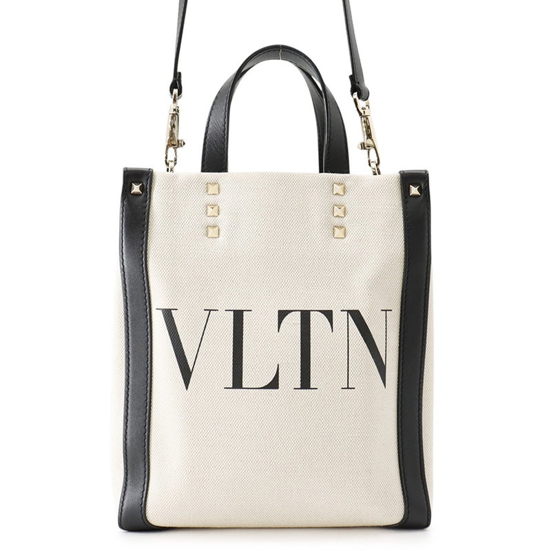 ヴァレンティノ・ガラヴァーニ ハンドバッグ VLTNロゴ ロックスタッズ キャンバス/レザー VALENTINO 黒