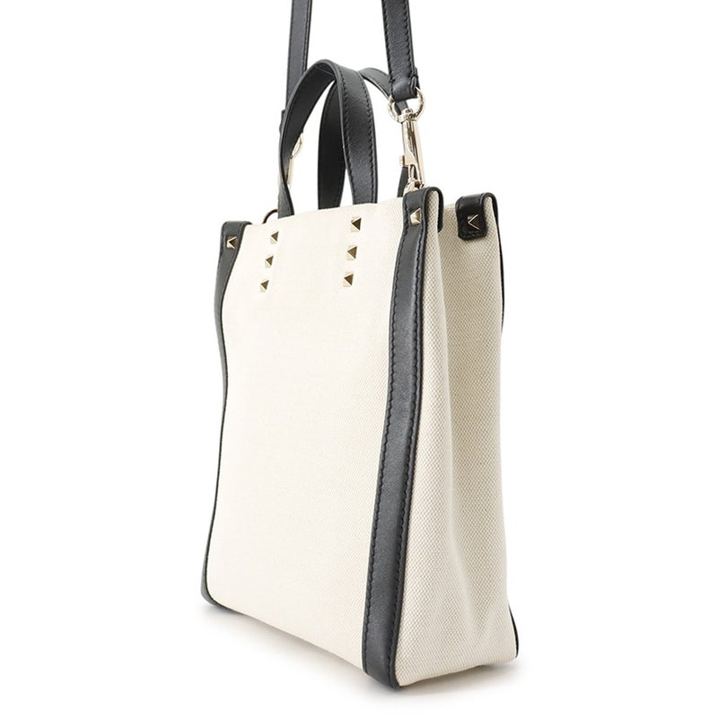 ヴァレンティノ・ガラヴァーニ ハンドバッグ VLTNロゴ ロックスタッズ キャンバス/レザー VALENTINO 黒