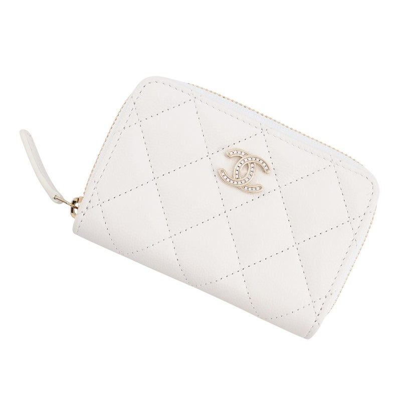 シャネル コインケース ラインストーン マトラッセ ココマーク クラシック ジップコインパース キャビアスキン AP0216 CHANEL 白