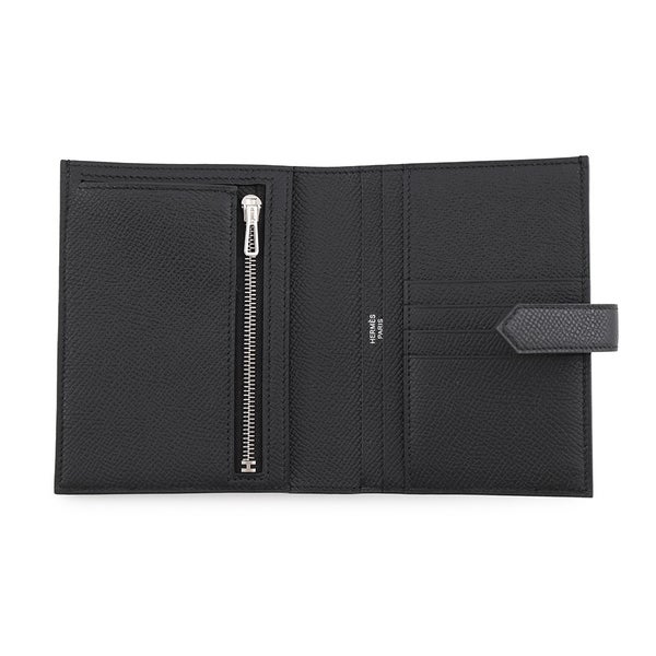 エルメス 二つ折り財布 ベアンコンパクト ブラック/シルバー金具 エプソン K刻印 HERMES 黒