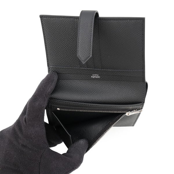 エルメス 二つ折り財布 ベアンコンパクト ブラック/シルバー金具 エプソン K刻印 HERMES 黒