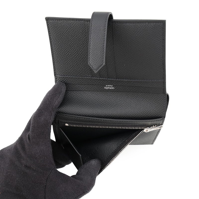 エルメス 二つ折り財布 ベアンコンパクト ブラック/シルバー金具 エプソン K刻印 HERMES 黒