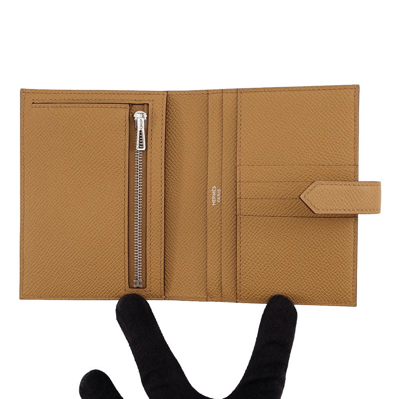 エルメス 二つ折り財布 ベアンコンパクト ビスキュイ/シルバー金具 エプソン K刻印 HERMES