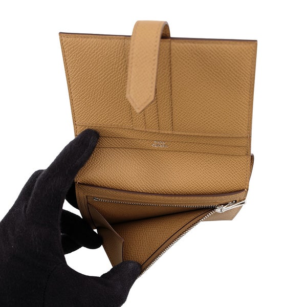 エルメス 二つ折り財布 ベアンコンパクト ビスキュイ/シルバー金具 エプソン K刻印 HERMES