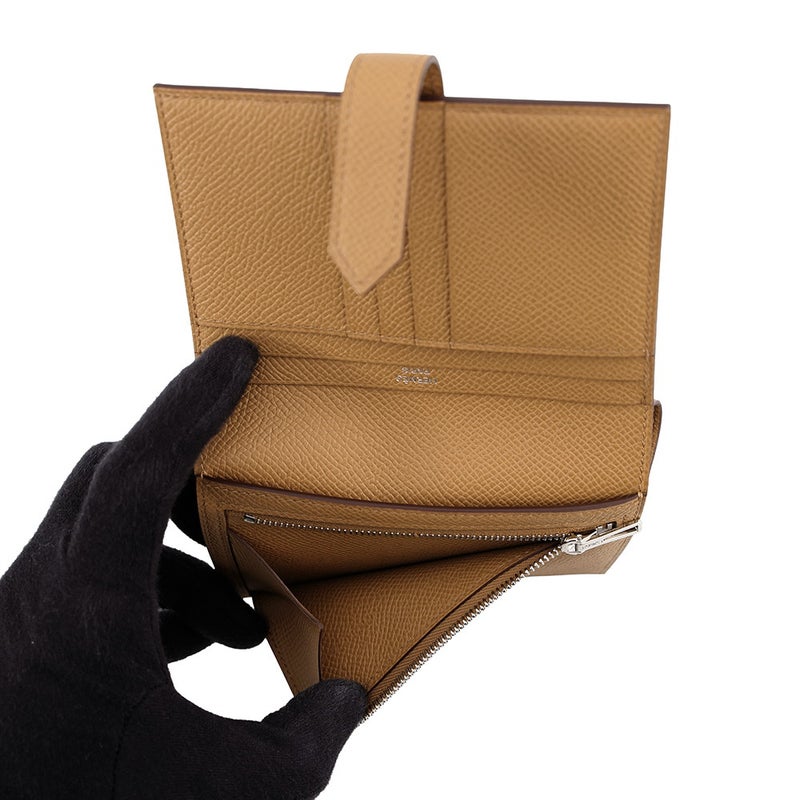 エルメス 二つ折り財布 ベアンコンパクト ビスキュイ/シルバー金具 エプソン K刻印 HERMES