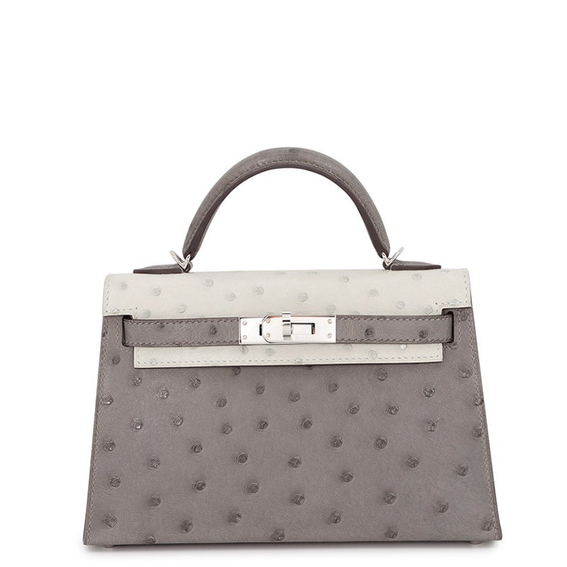 エルメス ハンドバッグ ミニケリー2 外縫い グリメイヤー /グリパール/シルバー金具 オーストリッチ W刻印 HERMES Kelly 2way
