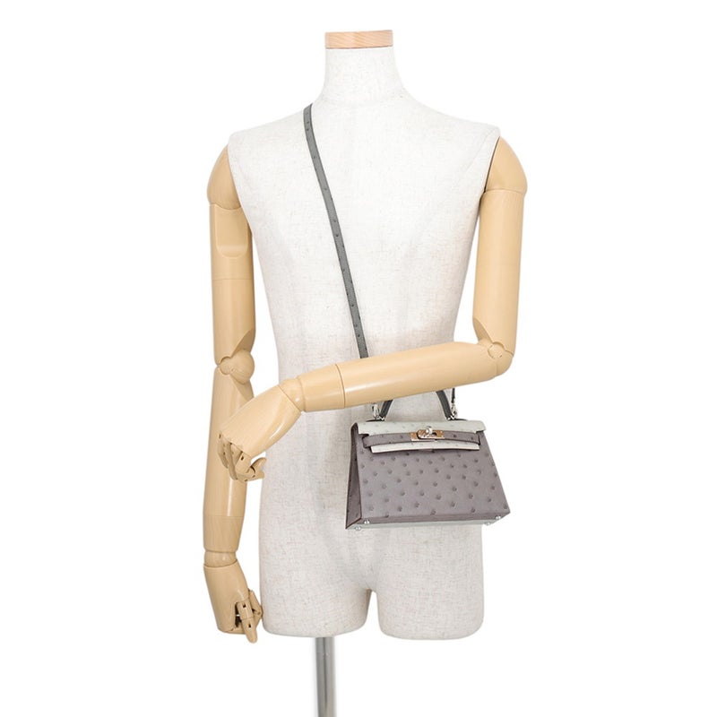 エルメス ハンドバッグ ミニケリー2 外縫い グリメイヤー /グリパール/シルバー金具 オーストリッチ W刻印 HERMES Kelly 2way