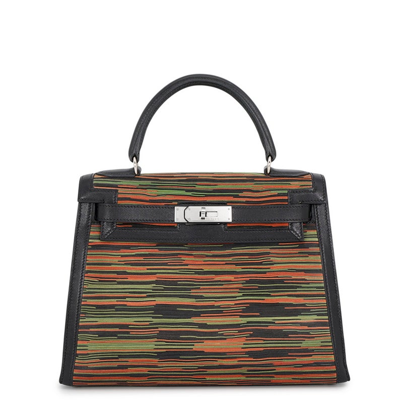 エルメス ケリー28 外縫い ブラック/オレンジ/グリーン/シルバー金具 ヴィブラート/ガリバー □C刻印 HERMES Kelly 2wayバッグ