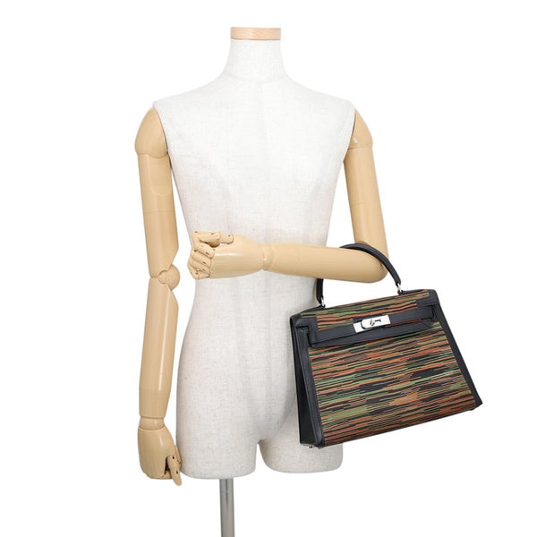 エルメス ケリー28 外縫い ブラック/オレンジ/グリーン/シルバー金具 ヴィブラート/ガリバー □C刻印 HERMES Kelly 2wayバッグ
