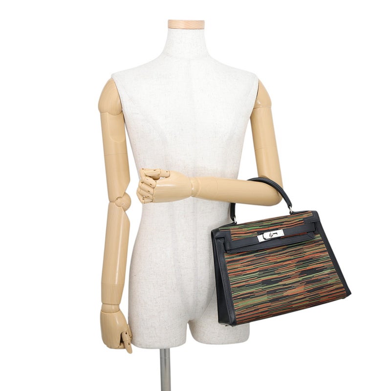 エルメス ケリー28 外縫い ブラック/オレンジ/グリーン/シルバー金具 ヴィブラート/ガリバー □C刻印 HERMES Kelly 2wayバッグ