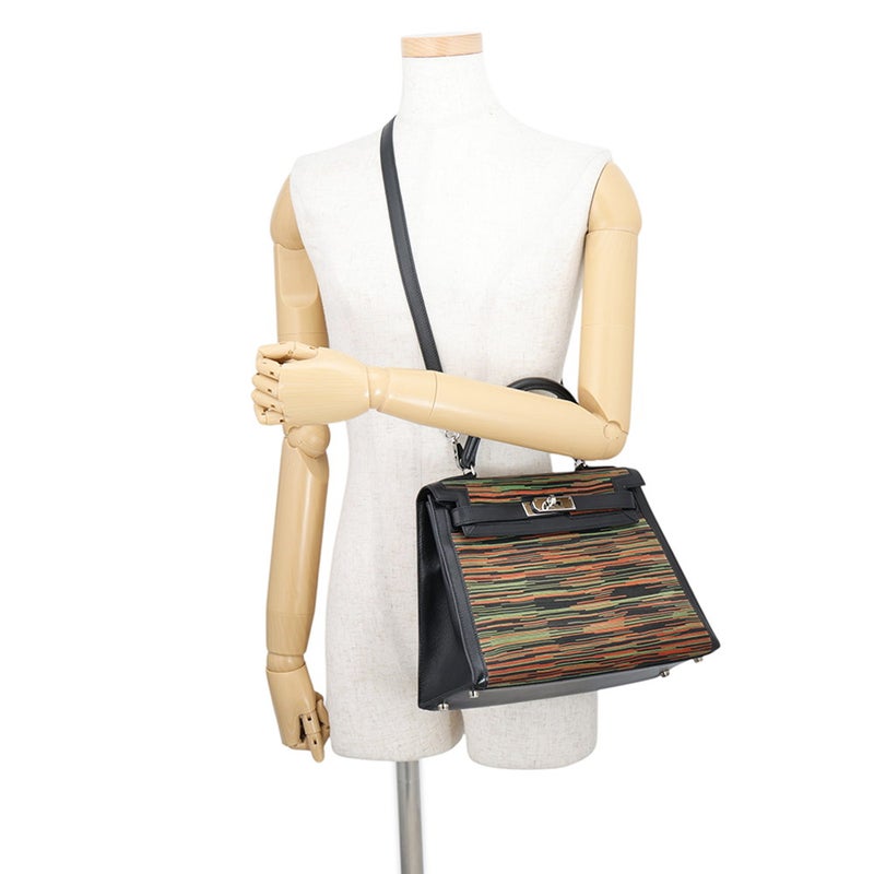 エルメス ケリー28 外縫い ブラック/オレンジ/グリーン/シルバー金具 ヴィブラート/ガリバー □C刻印 HERMES Kelly 2wayバッグ
