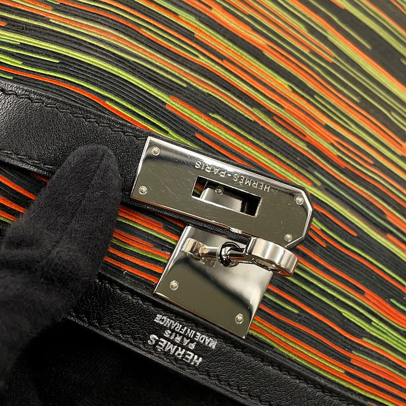 エルメス ケリー28 外縫い ブラック/オレンジ/グリーン/シルバー金具 ヴィブラート/ガリバー □C刻印 HERMES Kelly 2wayバッグ