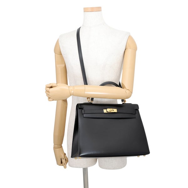 エルメス ハンドバッグ ケリー32 外縫い ブラック/シルバー金具 ボックスカーフ □H刻印 ２wayショルダー 黒