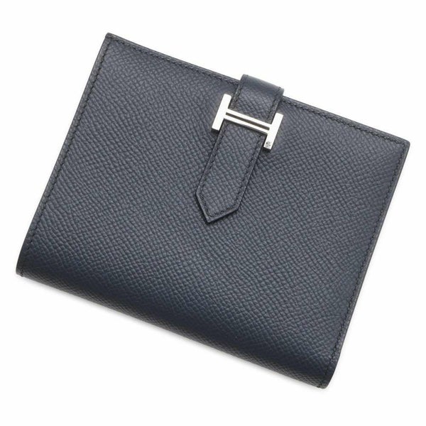 エルメス 二つ折り財布 ベアンコンパクト ブルーインディゴ/シルバー金具 ヴォーエプソン U刻印
