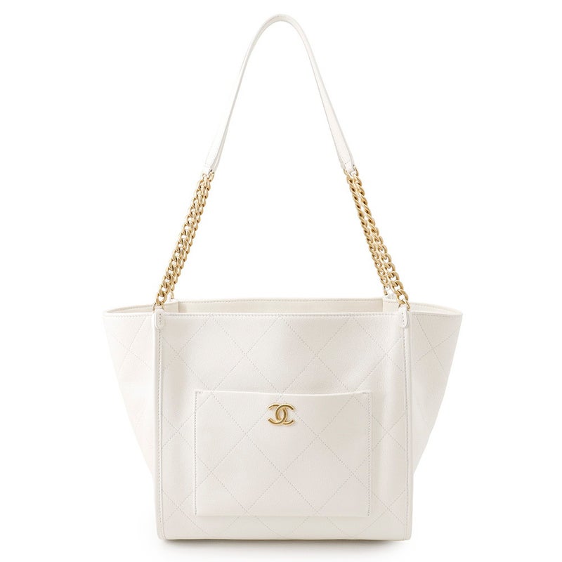 シャネル チェーントートバッグ ココマーク ステッチポケットCC キャビアスキン AS5417 CHANEL ショルダーバッグ 白