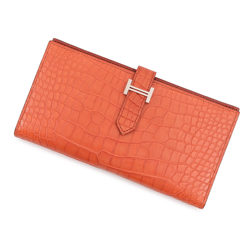 エルメス 長財布 ベアンスフレ マチ有り ブリック/シルバー金具 アリゲーターマット A刻印 HERMES 財布