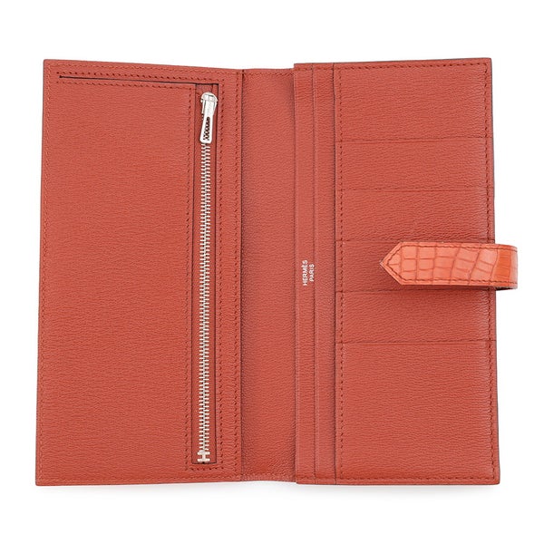 エルメス 長財布 ベアンスフレ マチ有り ブリック/シルバー金具 アリゲーターマット A刻印 HERMES 財布