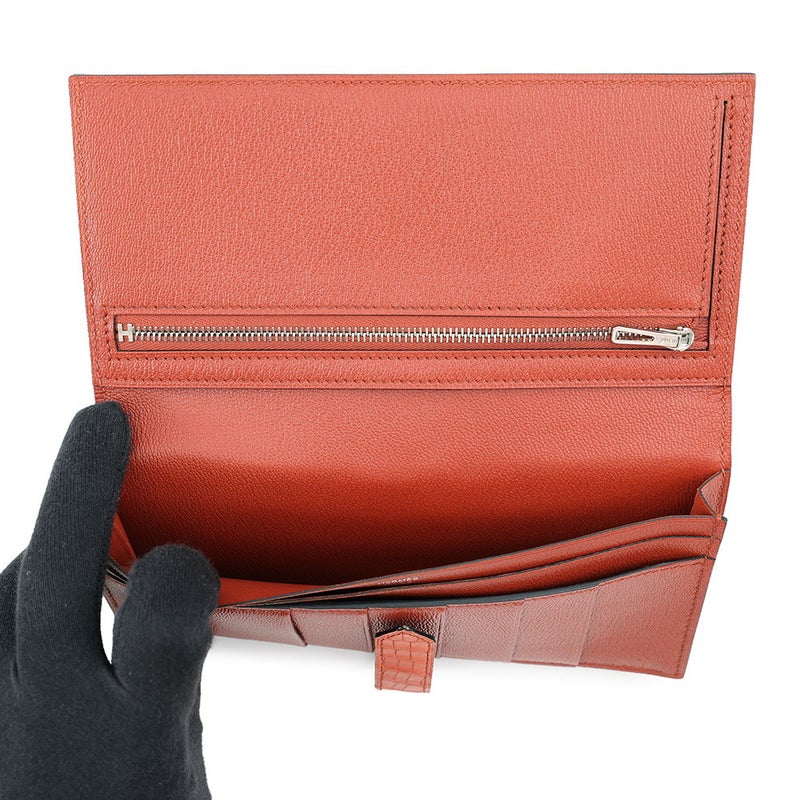 エルメス 長財布 ベアンスフレ マチ有り ブリック/シルバー金具 アリゲーターマット A刻印 HERMES 財布
