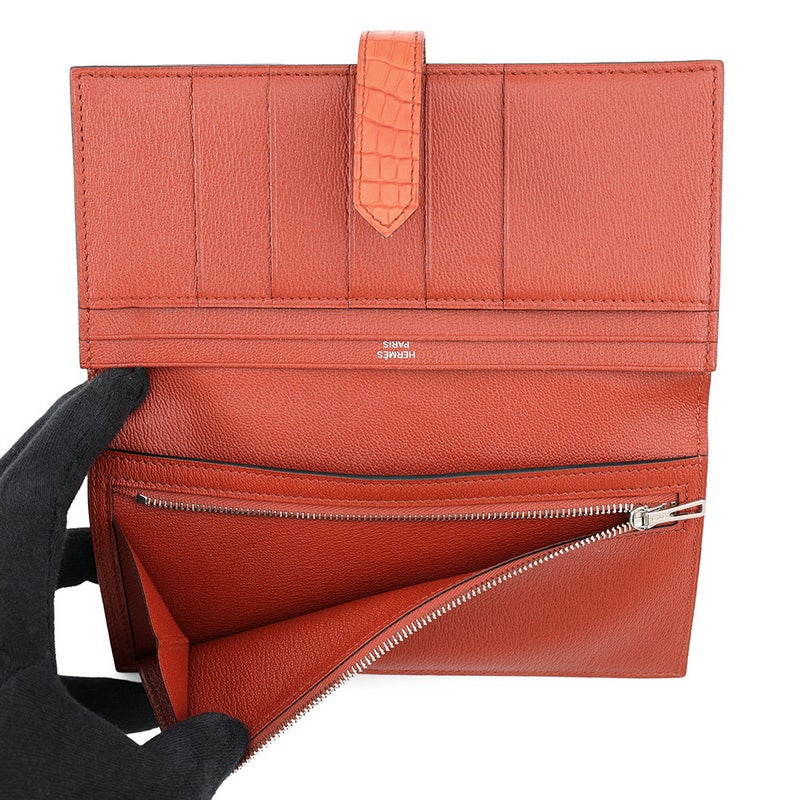 エルメス 長財布 ベアンスフレ マチ有り ブリック/シルバー金具 アリゲーターマット A刻印 HERMES 財布