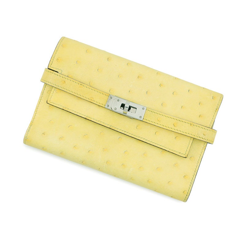 エルメス 三つ折り財布 ケリーウォレット ミディアム ジョーヌシトロン/シルバー金具 オーストリッチ Z刻印 財布