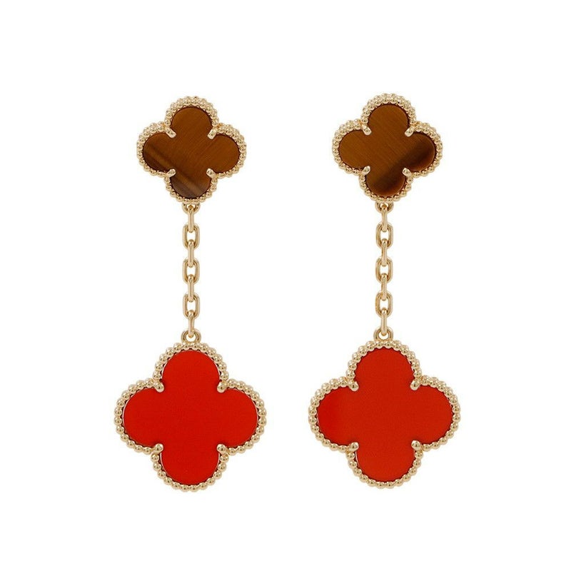 ヴァンクリ ピアス マジック アルハンブラ イヤリング 2モチーフ カーネリアン タイガーズアイ K18YG VCARN5JR00