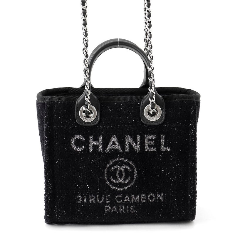 シャネル トートバッグ ドーヴィルライン ミニ ロゴ ラメツイード/レザー A86374 CHANEL バッグ 黒
