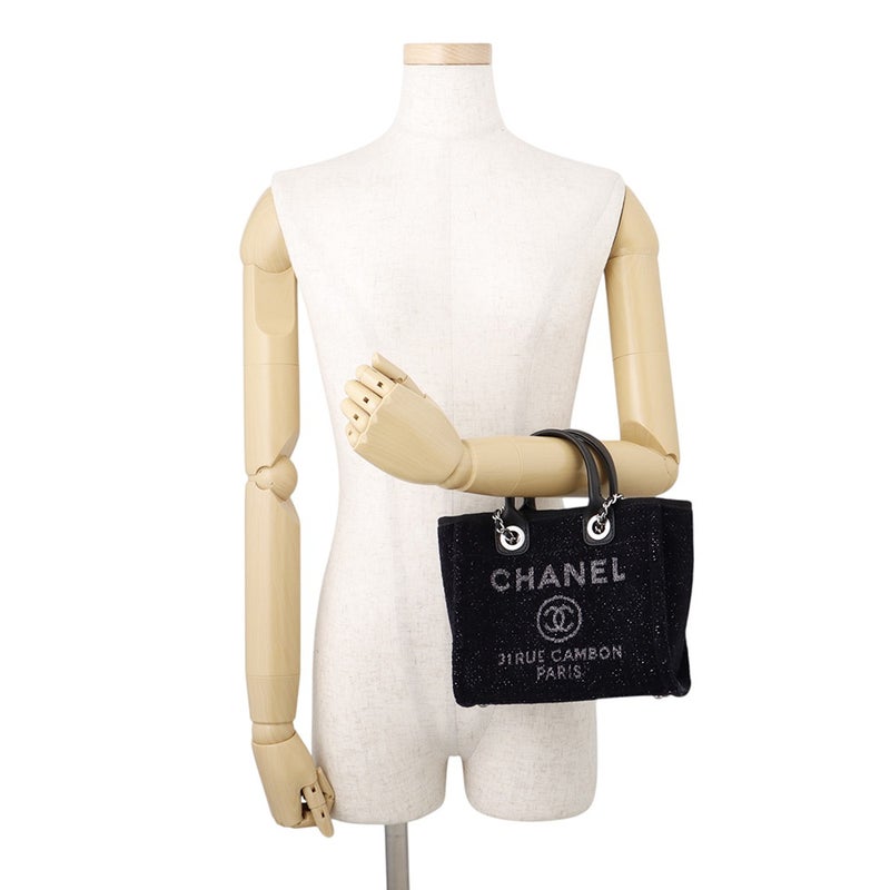 シャネル トートバッグ ドーヴィルライン ミニ ロゴ ラメツイード/レザー A86374 CHANEL バッグ 黒