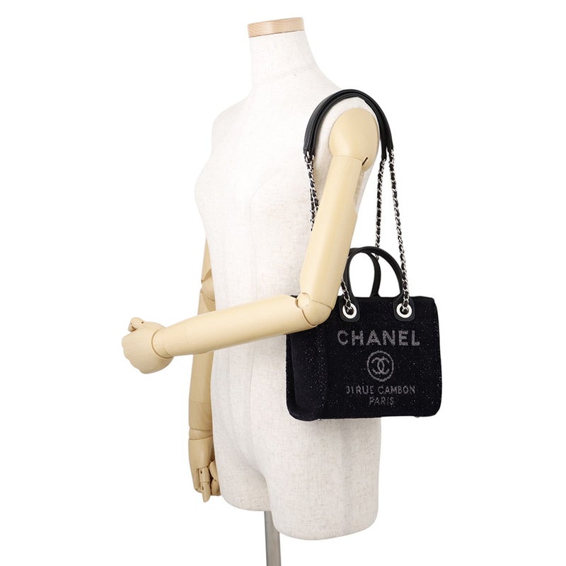 シャネル トートバッグ ドーヴィルライン ミニ ロゴ ラメツイード/レザー A86374 CHANEL バッグ 黒