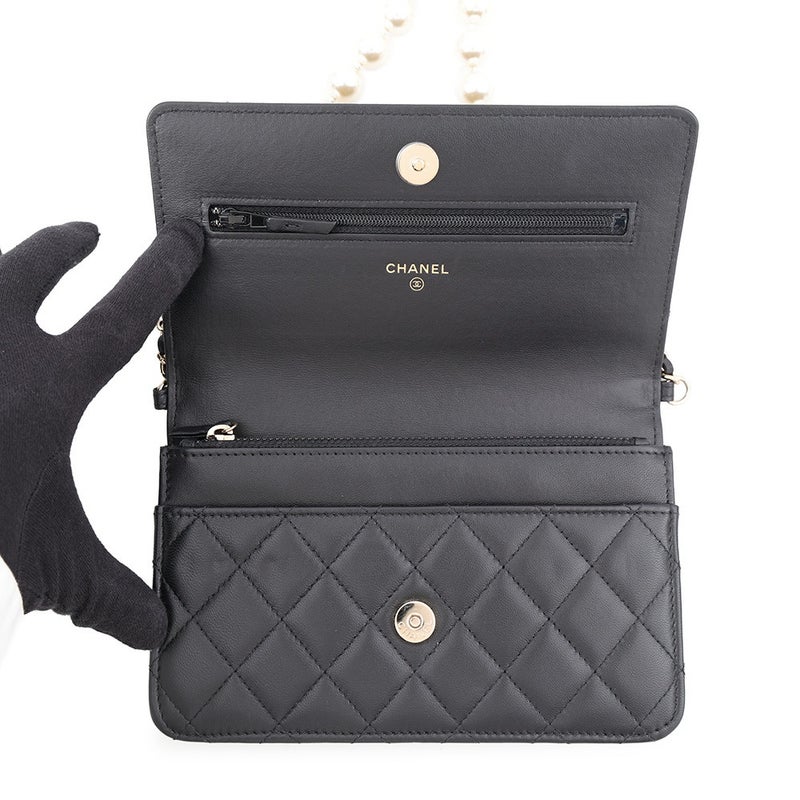 シャネル パールチェーンウォレット マトラッセ ココマーク ラムスキン AP1841 CHANEL 財布 黒