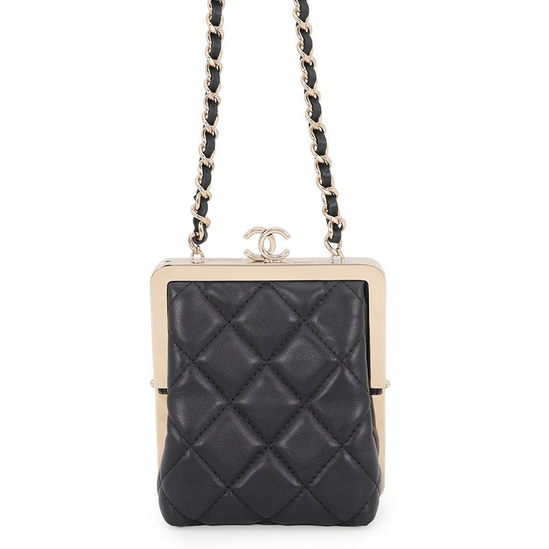 シャネル チェーンショルダーバッグ マトラッセ ココマーク がま口 ミニ ラムスキン AP2497 CHANEL 黒