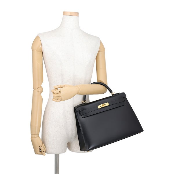 エルメス ハンドバッグ ケリー32 外縫い ブラック/ゴールド金具 ボックスカーフ □F刻印 HERMES 2wayバッグ 黒