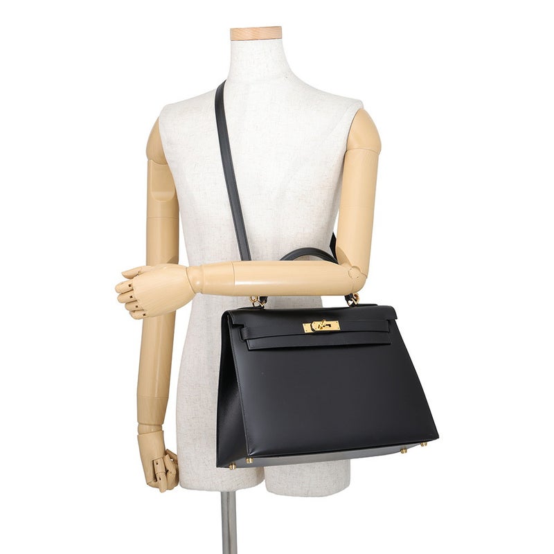 エルメス ハンドバッグ ケリー32 外縫い ブラック/ゴールド金具 ボックスカーフ □F刻印 HERMES 2wayバッグ 黒