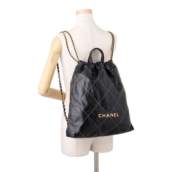シャネル リュック シャネル22 ラージ シャイニーカーフレザー AS3313 CHANEL バックパック バッグ 黒