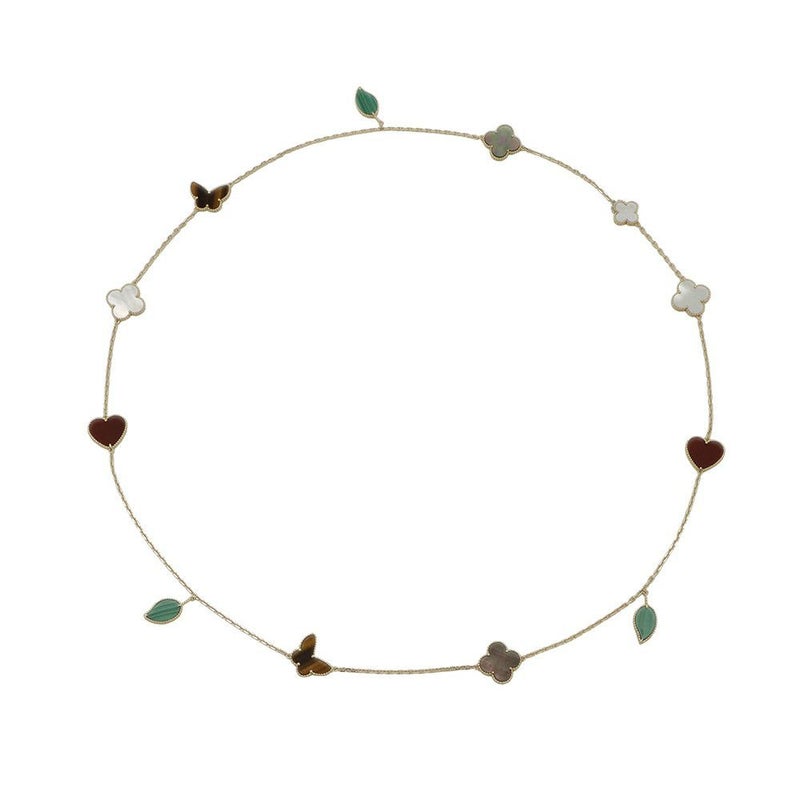 ヴァンクリ ネックレス ラッキー アルハンブラ ロング 12モチーフ カーネリアン タイガーズアイ マラカイト