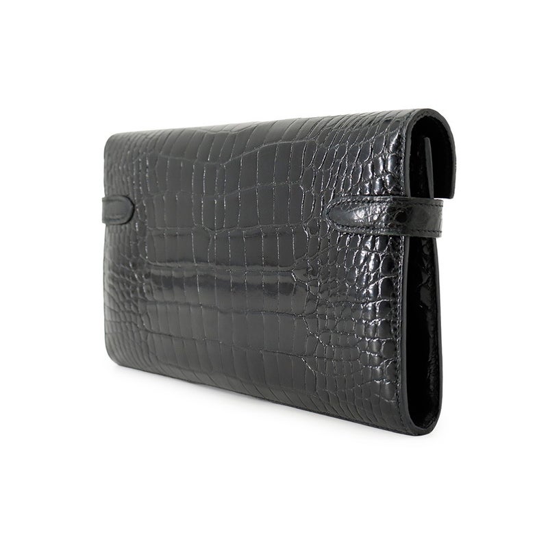 エルメス 長財布 ケリーウォレット ロング ブラック/シルバー金具 アリゲーターシャイン □R刻印 HERMES 黒