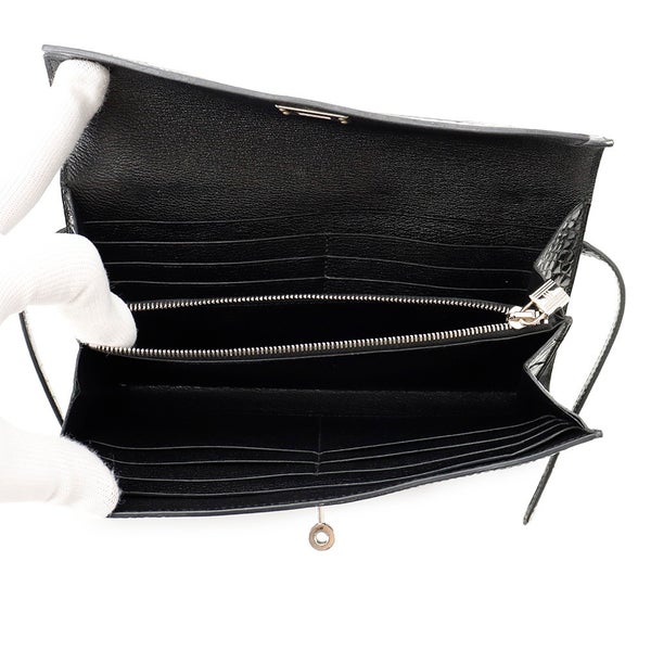エルメス 長財布 ケリーウォレット ロング ブラック/シルバー金具 アリゲーターシャイン □R刻印 HERMES 黒