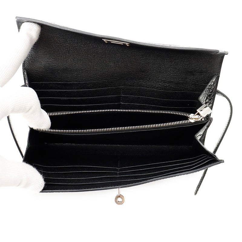 エルメス 長財布 ケリーウォレット ロング ブラック/シルバー金具 アリゲーターシャイン □R刻印 HERMES 黒